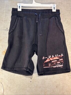 Men's Black Athletic Drawstring Shorts with Pink Car Graphic